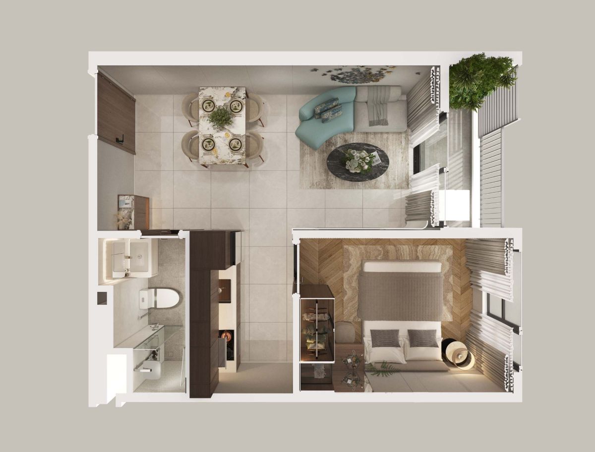 MẶT BẰNG FENICA 5 Thiết kế layout căn hộ 1 phòng ngủ dự án Fenica